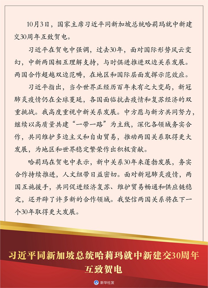 习近平同新加坡总统哈莉玛就中新建交30周年互致贺电 习近平同新加坡总统哈莉玛就中新建交30周年互致贺电